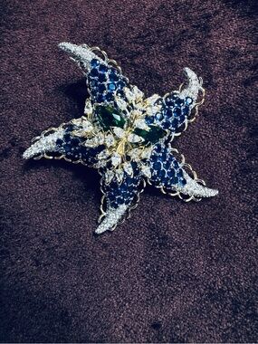 Navy Blue  Starfish Crystal Brooch